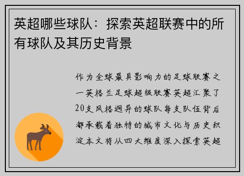 英超哪些球队：探索英超联赛中的所有球队及其历史背景