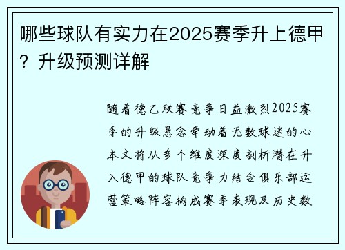 哪些球队有实力在2025赛季升上德甲？升级预测详解